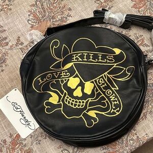 Ed Hardy Black Round Bag with Gold Skull Design